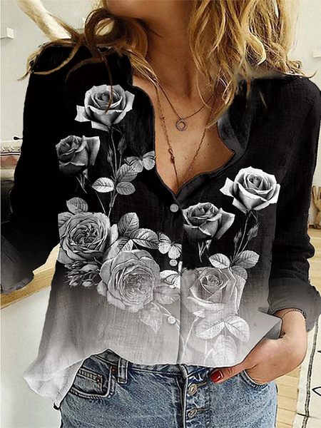 

Stampato Colletto a Camicia Vacanza Maniche Lunghe Top, Nero, T-Shirts