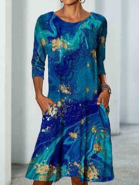 

Shift Long Sleeve Casual Sea Dresses, Blue, Tie dye dress