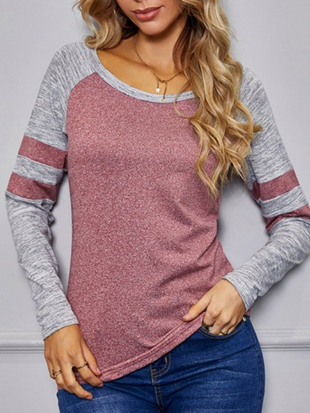 

Long Sleeve Vintage Cotton-Blend Tops, Coral, T-Shirts