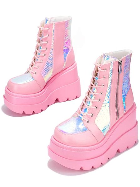 

Cape Robbin Radio Holographic Platform Ankle Boots with Chunky Block Heels for Women, Pink, Boots
