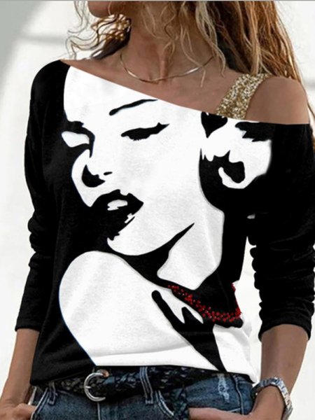 

Maniche Lunghe Vintage Girocollo Camicie & Top, Nero-bianco, T-Shirts