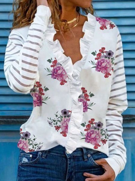 

Floral Printed Long Sleeve Cotton-Blend V Neck Shirts & Tops, White, Shirts & Blouses
