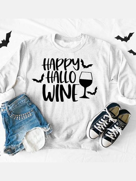 

Happy Hallo Wine Long Sleeve Round Neck Sweatshirt, White, T-shirts