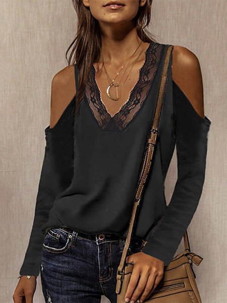

Nero Scollo a V Spalla Nuda Pizzo Panelled Maniche Lunghe Casuale Dritto Top, Tops