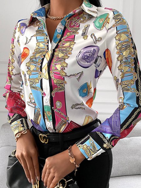 

Stampato Vintage Maniche Lunghe Camicie & Top, Multicolore, Blouses & Shirts