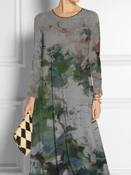 

Printed Vintage Crew Neck Dresses, As picture, Maxi Dresses