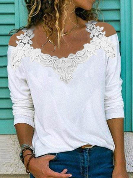 

Cotton-Blend Long Sleeve Guipure Lace Shift Shirts & Tops, White, Tops
