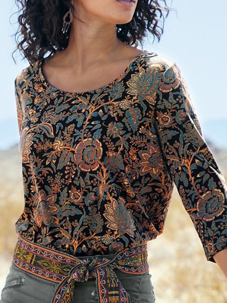 

Floral Printed Casual Long Sleeve Scoop Neckline Shirts & Tops, Coffee, Long sleeve tops