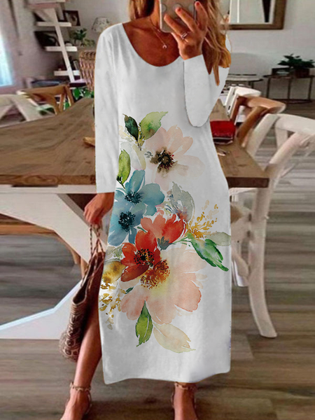 

Printed Long Sleeve Floral Cotton-Blend Dresses, White, Floral Dresses