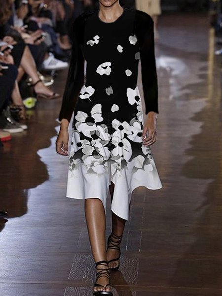 

Floreale Casuale Girocollo Abito, Nero, Midi Dresses
