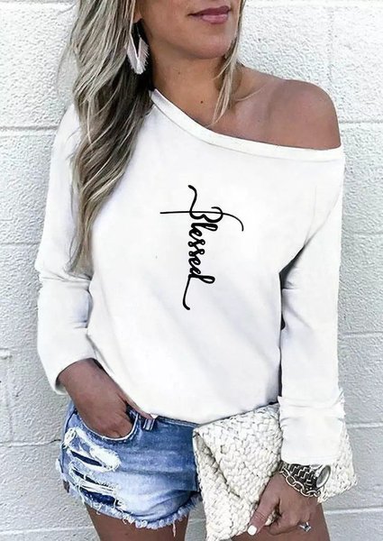 

Basic Letter Long Sleeve Jersey Shirts & Tops, White, Tees & T-shirts