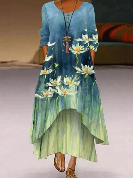 

Vintage Floral Crew Neck Casual Dresses, Blue, Maxi Dresses
