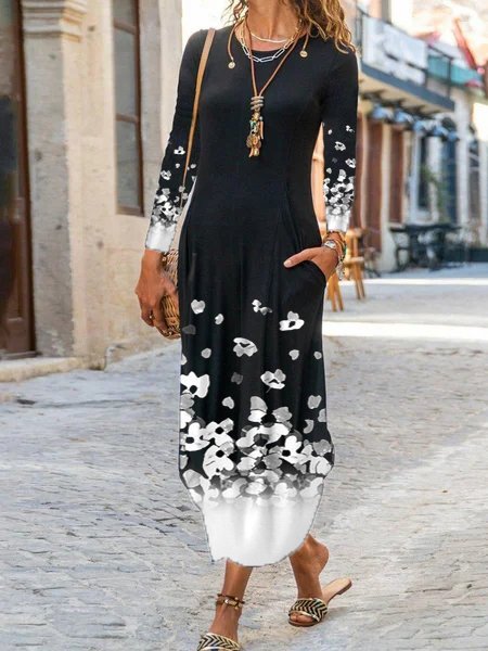 

Cotton-Blend Crew Neck Casual Dresses, Black, Floral Dresses