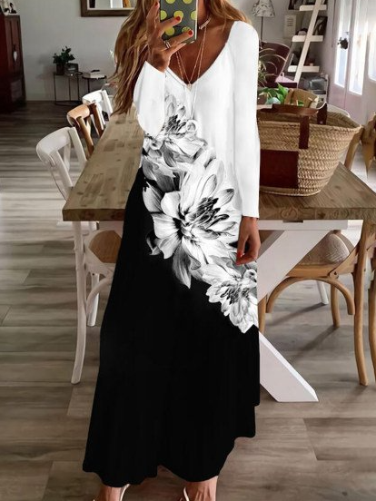 

Floral Casual V Neck Cotton-Blend Dresses, White, Floral Dresses