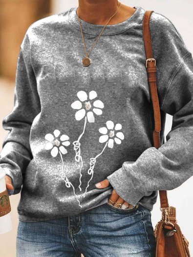

Casual and simple floral print round neck long-sleeved polyester cotton sweatshirt, Gray, Hoodies & Sweatshirts