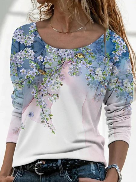 

Bianco Floreale Uccello Stampato Casuale Maniche Lunghe Dritto Top, Blouses & Shirts