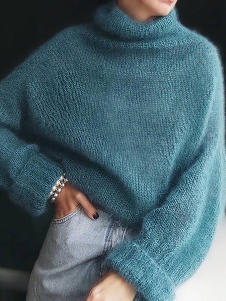 

Loose Casual Holiday Long Sleeve Turtleneck Acrylic Sweater, Blue, Sweaters & Cardigans