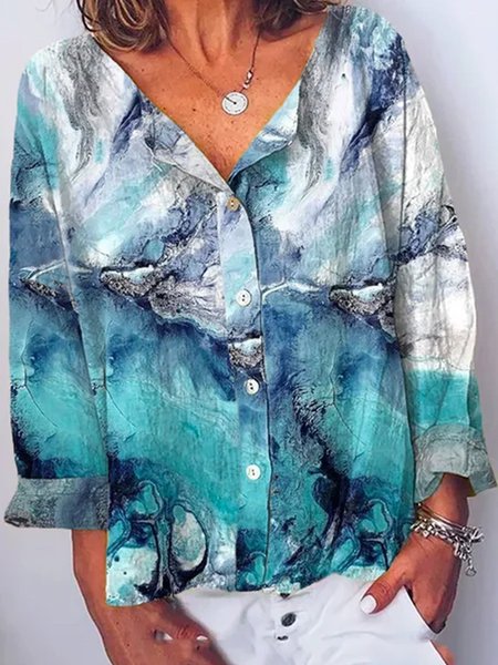 

Stampato Floreale Scollo a V Bohemian Camicie & Top, Blu, Blouses & Shirts