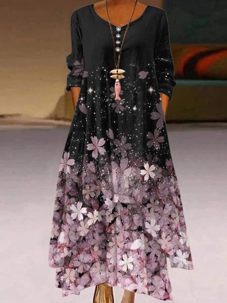 

Shift Casual Long Sleeve Floral Dresses, Black, Maxi Dresses