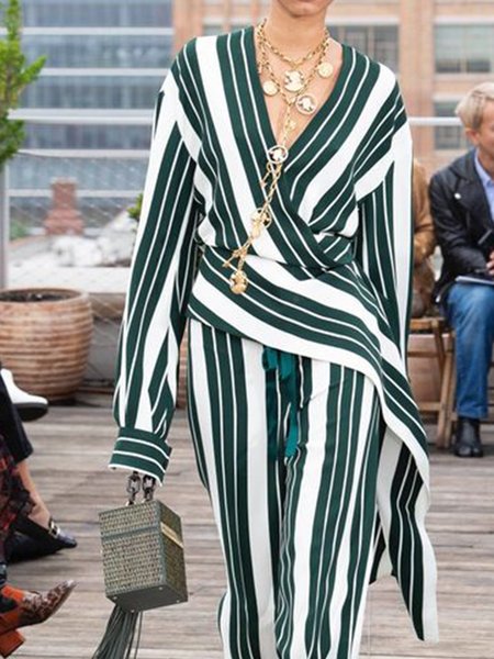 

Long Sleeve Work V Neck Stripes Top, Green, Blouses and Shirts