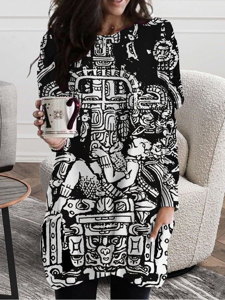 

Crew Neck Cotton-Blend Long Sleeve Dresses, Black, Print Dress