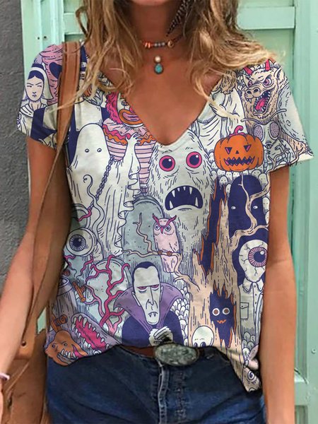 

Halloween V Neck Casual T-shirt, Multicolor, T-shirts