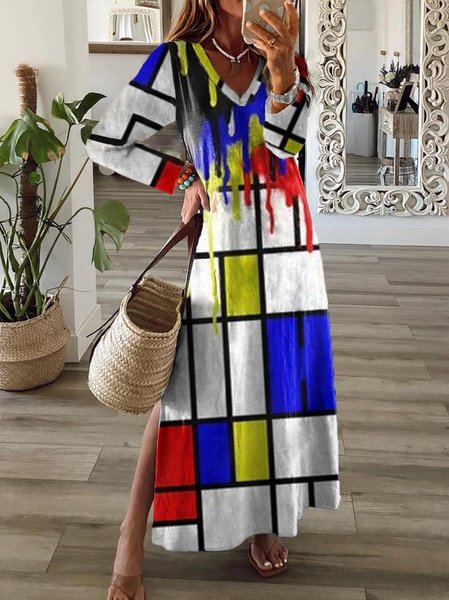 

Dritto Scollo a V Vintage Geometrico Abito, Multicolore, Maxi Dresses