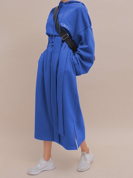 

Casual Hoodie Long Sleeve Maxi Dress, Blue, Midi Dresses