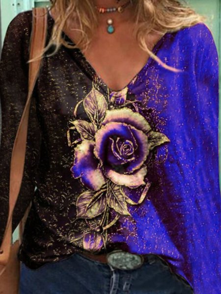 

Casual V Neck Long Sleeve gradient Rose Print Top multicolor, Deep blue, Hoodies & Sweatshirts
