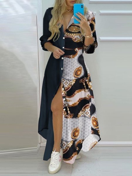 Shift Shirt Collar Holiday Long Sleeve Dress, As picture, Maxi Dresses