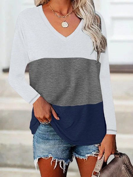 

White Color Block Printed V Neck Casual Long Sleeve Shift Shirts & Tops, Tops