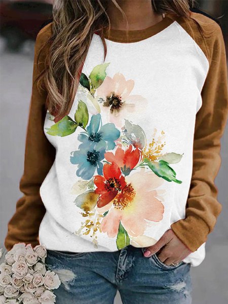 

Floral Shift Long Sleeve Printed Sweatshirt, Camel, T-Shirts