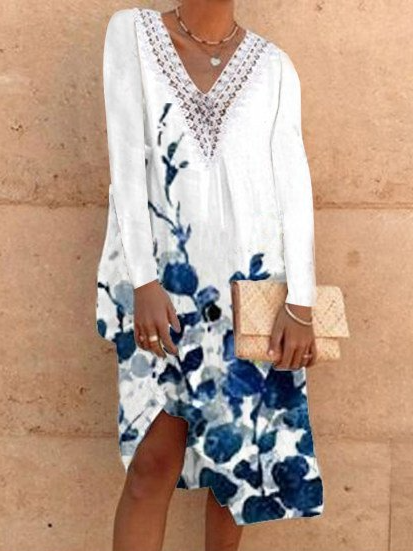 

V Neck Long Sleeve Casual Cotton-Blend Dresses, White, Auto-clearance
