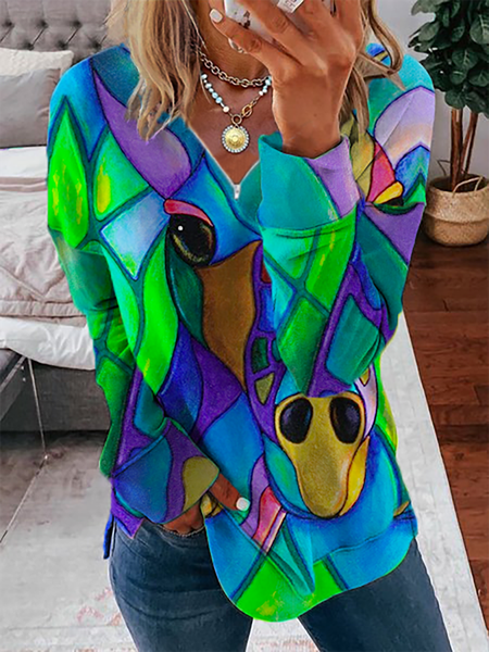 

Plus size V Neck Long Sleeve Printed Shirts & Tops, Green, Hoodies & Sweatshirts