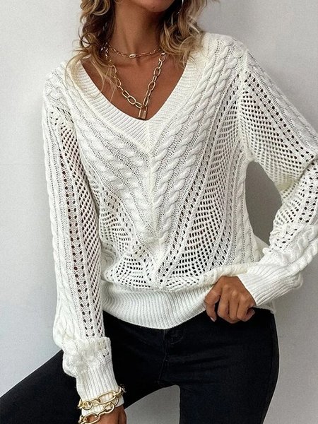 

Women Casual Plain Autumn Acrylic V neck Daily Long sleeve Loose Regular Sweater, White, Sweaters & Cardigans