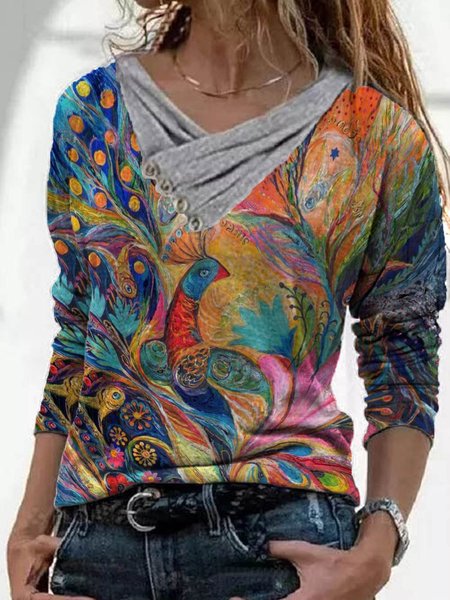 

Casual Shift Long Sleeve Animal Shirts & Tops, As picture, Long sleeve tops