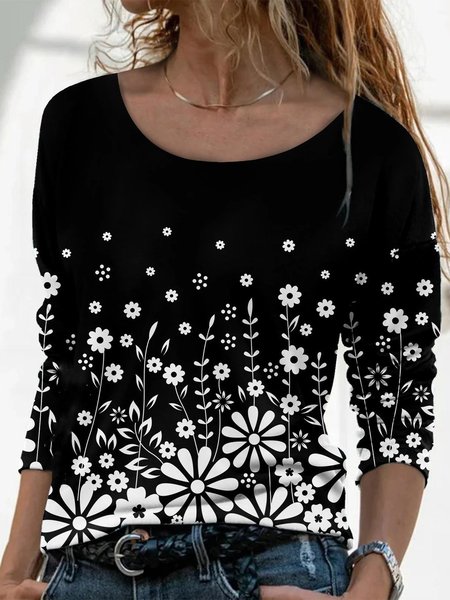 

Nero Stampata Floreale Girocollo Casuale Maniche Lunghe Dritto Top, Tops