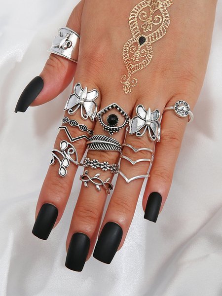 

Vintage Alloy Butterfly Flower 14-piece Ring, As picture, Jewelry