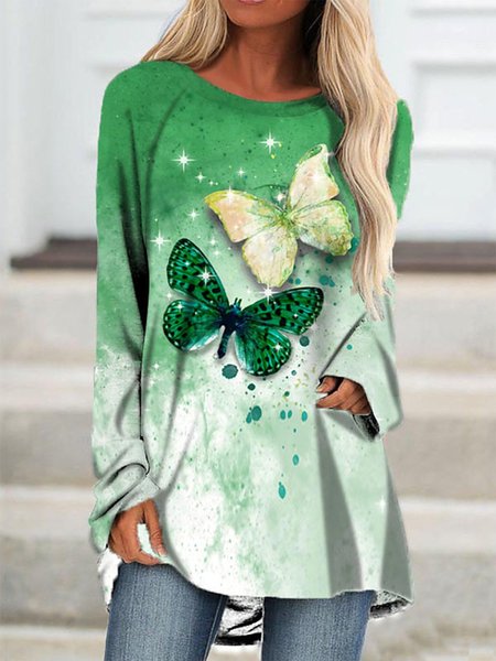 

Floral-Print Crew Neck Long Sleeve Butterfly Shirts & Tops, Green, Long sleeve tops