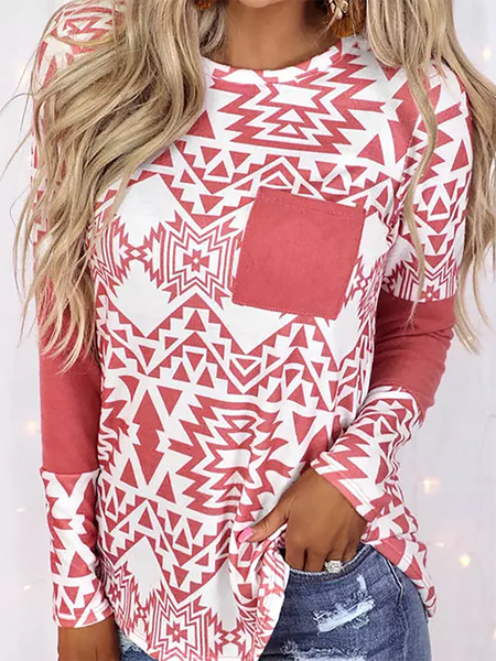 

Geometric Printed Long Sleeve Casual Pocket Blouse T-Shirts, Red, Long sleeve tops