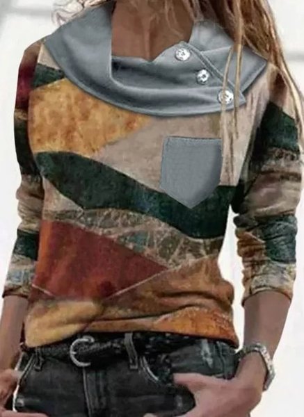 

Geometric Cotton-Blend Casual Long Sleeve Shirts & Tops, As picture, Long sleeve tops