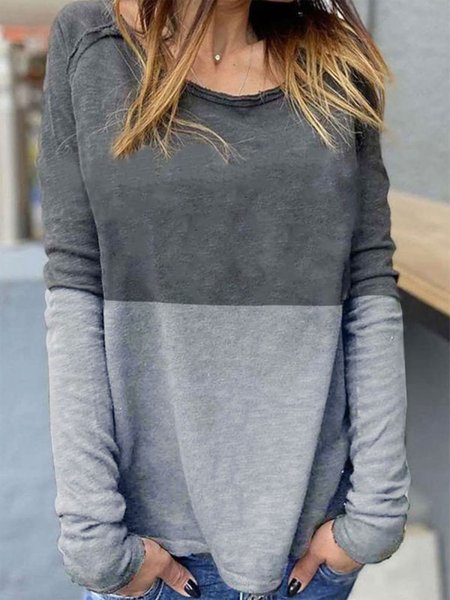 

Color-Block Long Sleeve Casual Plain Shirts & Tops, Gray, Long sleeve tops
