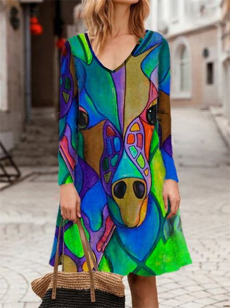 A-Line Work Cotton V Neck Dresses, Multicolor, Mini Dresses