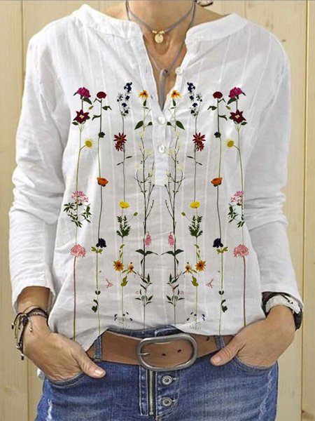 

V Neck Floral Holiday Long Sleeve Shirts & Tops, White, Shirts & Blouses
