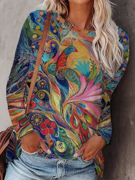 

Crew Neck Long Sleeve Casual Shirts & Tops, As picture, Long sleeve tops
