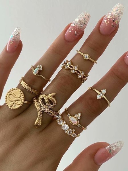 

Geometric Snake-shaped Rhinestone 9-piece Ring, As picture, Rings