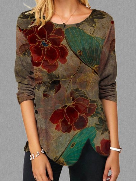 

Round Neck Printed Vintage Cotton-Blend Tops, Multicolor, Blouses & Shirts