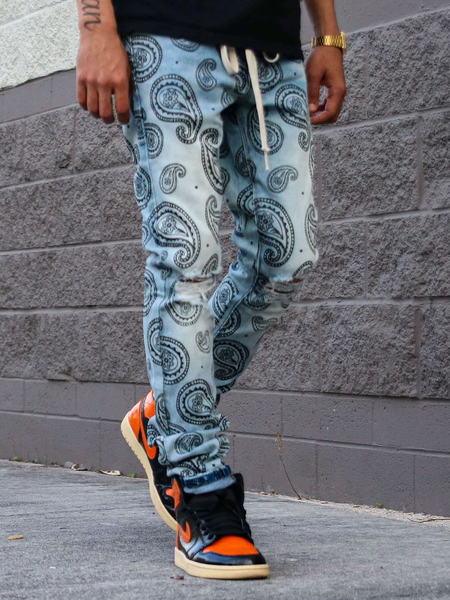 

Denim Printed Casual Pants, Blue, Men's pants