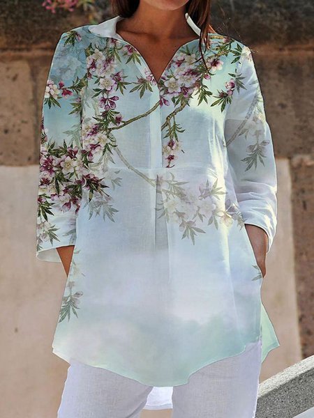 

Casual Cotton-Blend Long Sleeve Blouse, Lightgreen, Shirts & Blouses