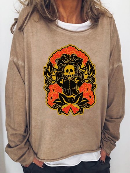 

Casual and simple Halloween skull printed round neck long-sleeved cotton-blend sweatshirt, Light brown, Hoodies&Sweatshirts